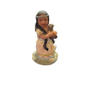 Tiny Vintage Native American Girl Figurine Cuddling Raccoon Mini 3"